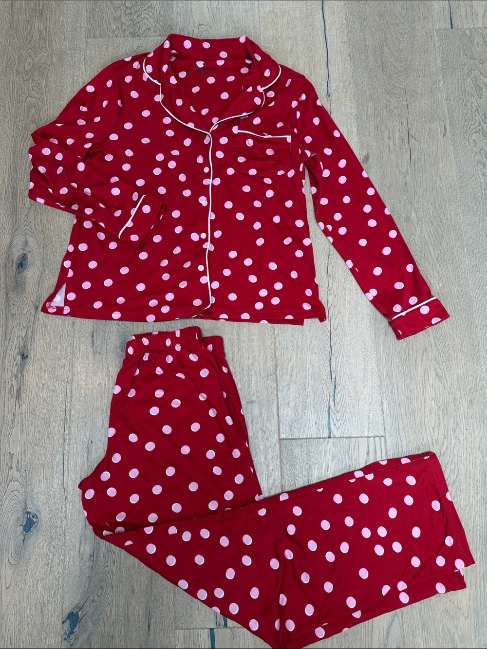 Kate Spade New York Red Polka Dot Long Sleeve Pajama Set with White Trim (Small)